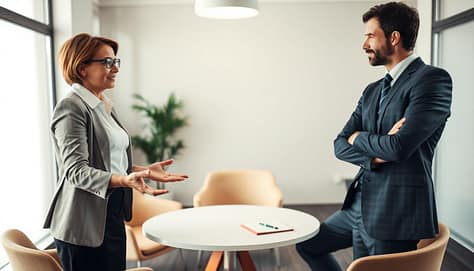 A serene office environment focusing on two professionals engaged in conflict resolution coaching. In the foreground, a middle-aged businesswoman in professional attire leans slightly forward with open palms, signaling openness, while a younger man, also in business attire, watches attentively with a relaxed posture and arms uncrossed, indicating receptiveness. In the middle ground, a round table adorned with a notepad and a pen reflects a collaborative atmosphere. The background features soft, diffused natural lighting coming through large windows, creating an inviting ambiance. The angle should be slightly above eye level, capturing both individuals' body language clearly, while maintaining a sense of warmth and professionalism, embodying the essence of effective communication in conflict scenarios. A serene office environment focusing on two professionals engaged in conflict resolution coaching. In the foreground, a middle-aged businesswoman in professional attire leans slightly forward with open palms, signaling openness, while a younger man, also in business attire, watches attentively with a relaxed posture and arms uncrossed, indicating receptiveness. In the middle ground, a round table adorned with a notepad and a pen reflects a collaborative atmosphere. The background features soft, diffused natural lighting coming through large windows, creating an inviting ambiance. The angle should be slightly above eye level, capturing both individuals' body language clearly, while maintaining a sense of warmth and professionalism, embodying the essence of effective communication in conflict scenarios.