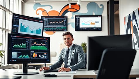 A sleek, modern workspace setting in the foreground, showcasing a series of animated motion graphics displayed on multiple monitors. The graphics represent various sports data visualizations, using restrained color schemes and simple yet effective transitions. In the middle ground, a focused professional in business attire interacts with the graphics, his expression reflecting concentration and creativity. The background features a bright, airy office with abstract sports-themed wall art and soft natural lighting filtering through large windows, enhancing the dynamic yet balanced atmosphere. The composition should convey a sense of sophistication and restraint, emphasizing the importance of clarity in visual communication without overwhelming the viewer. Use a wide-angle lens to capture the entirety of this engaging yet composed scene. A sleek, modern workspace setting in the foreground, showcasing a series of animated motion graphics displayed on multiple monitors. The graphics represent various sports data visualizations, using restrained color schemes and simple yet effective transitions. In the middle ground, a focused professional in business attire interacts with the graphics, his expression reflecting concentration and creativity. The background features a bright, airy office with abstract sports-themed wall art and soft natural lighting filtering through large windows, enhancing the dynamic yet balanced atmosphere. The composition should convey a sense of sophistication and restraint, emphasizing the importance of clarity in visual communication without overwhelming the viewer. Use a wide-angle lens to capture the entirety of this engaging yet composed scene.