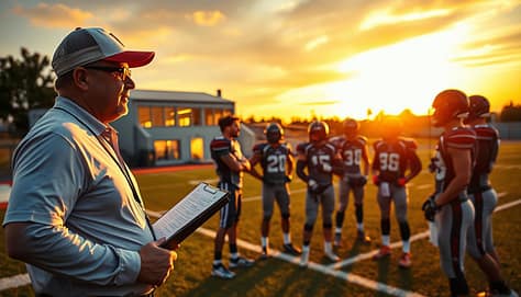 A vibrant scene during golden hour on the sidelines of a sports field. In the foreground, a focused coach in professional attire, wearing a baseball cap and holding a clipboard, is giving constructive feedback to a player in a sporty uniform, who is attentively listening. The middle ground features a small group of players in athletic gear discussing tactics, with one player gesturing animatedly. The background reveals a film room in a nearby structure, with glowing warm light spilling from the windows, hinting at video analysis in progress. The setting sun casts long shadows and rich golden hues, creating an inspiring atmosphere ripe for impactful communication. The overall mood is focused and constructive, reflecting the importance of timing in delivering feedback for team performance. A vibrant scene during golden hour on the sidelines of a sports field. In the foreground, a focused coach in professional attire, wearing a baseball cap and holding a clipboard, is giving constructive feedback to a player in a sporty uniform, who is attentively listening. The middle ground features a small group of players in athletic gear discussing tactics, with one player gesturing animatedly. The background reveals a film room in a nearby structure, with glowing warm light spilling from the windows, hinting at video analysis in progress. The setting sun casts long shadows and rich golden hues, creating an inspiring atmosphere ripe for impactful communication. The overall mood is focused and constructive, reflecting the importance of timing in delivering feedback for team performance.