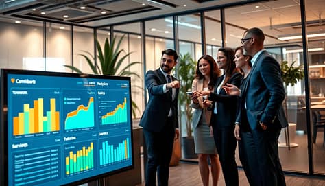 A visually striking organizational culture dashboard showcasing innovative analytics in a modern office environment. In the foreground, a large digital screen displays vibrant graphs, charts, and performance indicators, reflecting teamwork and communication metrics, with bright colors like teal, orange, and green. In the middle ground, a diverse group of professionals dressed in smart business attire is engaged in discussion, pointing at the dashboard and exchanging ideas, exuding enthusiasm and collaboration. The background features a sleek, contemporary office space with glass walls, plants, and ambient lighting that creates a warm, inviting atmosphere. The image is captured from a slightly elevated angle, highlighting both the people and the dashboard while conveying a sense of openness and positivity in the workspace. A visually striking organizational culture dashboard showcasing innovative analytics in a modern office environment. In the foreground, a large digital screen displays vibrant graphs, charts, and performance indicators, reflecting teamwork and communication metrics, with bright colors like teal, orange, and green. In the middle ground, a diverse group of professionals dressed in smart business attire is engaged in discussion, pointing at the dashboard and exchanging ideas, exuding enthusiasm and collaboration. The background features a sleek, contemporary office space with glass walls, plants, and ambient lighting that creates a warm, inviting atmosphere. The image is captured from a slightly elevated angle, highlighting both the people and the dashboard while conveying a sense of openness and positivity in the workspace.