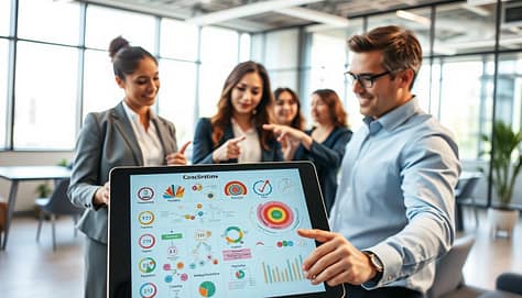 An interactive coaching visual aids diagram in a professional setting. In the foreground, a large tablet displaying colorful charts and graphs illustrating complex concepts, with icons for various tools like flowcharts and mind maps. In the middle ground, a diverse group of three professionals—two women and one man—dressed in smart business attire, actively discussing and pointing at the display, emphasizing collaboration and engagement. In the background, a modern office environment with large windows bringing in natural light, creating a bright and inviting atmosphere. The overall mood is energetic and focused, highlighting the power of visual communication in coaching. The camera angle is slightly above eye level for a comprehensive view of the scene, with soft lighting to enhance the clarity of visuals. An interactive coaching visual aids diagram in a professional setting. In the foreground, a large tablet displaying colorful charts and graphs illustrating complex concepts, with icons for various tools like flowcharts and mind maps. In the middle ground, a diverse group of three professionals—two women and one man—dressed in smart business attire, actively discussing and pointing at the display, emphasizing collaboration and engagement. In the background, a modern office environment with large windows bringing in natural light, creating a bright and inviting atmosphere. The overall mood is energetic and focused, highlighting the power of visual communication in coaching. The camera angle is slightly above eye level for a comprehensive view of the scene, with soft lighting to enhance the clarity of visuals.