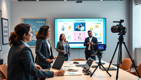 A dynamic coaching environment showcasing the integration of video and live demonstrations. In the foreground, a diverse group of three professional coaches, dressed in business attire, engages with a large interactive screen displaying animations and training diagrams. In the middle ground, a sleek presentation area is visible with a tabletop filled with coaching materials, a laptop, and a camera capturing live demonstrations. The background features a modern conference room adorned with motivational posters and soft lighting that creates an inspiring atmosphere. The image is bright, highlighting the vibrant colors of the visuals on the screen. Use a slightly elevated angle to capture all elements harmoniously, conveying a sense of teamwork and innovation in coaching presentations. A dynamic coaching environment showcasing the integration of video and live demonstrations. In the foreground, a diverse group of three professional coaches, dressed in business attire, engages with a large interactive screen displaying animations and training diagrams. In the middle ground, a sleek presentation area is visible with a tabletop filled with coaching materials, a laptop, and a camera capturing live demonstrations. The background features a modern conference room adorned with motivational posters and soft lighting that creates an inspiring atmosphere. The image is bright, highlighting the vibrant colors of the visuals on the screen. Use a slightly elevated angle to capture all elements harmoniously, conveying a sense of teamwork and innovation in coaching presentations.