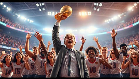 A dynamic sports animation scene showcasing a triumphant coach leading a diverse team of athletes in a celebratory moment. In the foreground, the coach, dressed in professional sports attire, raises a trophy high above their head, surrounded by excited team members in matching uniforms, all expressing joy and camaraderie. In the middle ground, focus on animated visual elements like action lines and motion graphics representing their journey and achievements. The background features a vibrant sports arena filled with cheering fans, colorful banners, and bright lights illuminating the scene. Use a wide-angle lens to capture the energy and excitement, with soft, glowing hues to evoke a feeling of success and inspiration. The atmosphere is exhilarating and uplifting, reflecting the essence of sports triumph. A dynamic sports animation scene showcasing a triumphant coach leading a diverse team of athletes in a celebratory moment. In the foreground, the coach, dressed in professional sports attire, raises a trophy high above their head, surrounded by excited team members in matching uniforms, all expressing joy and camaraderie. In the middle ground, focus on animated visual elements like action lines and motion graphics representing their journey and achievements. The background features a vibrant sports arena filled with cheering fans, colorful banners, and bright lights illuminating the scene. Use a wide-angle lens to capture the energy and excitement, with soft, glowing hues to evoke a feeling of success and inspiration. The atmosphere is exhilarating and uplifting, reflecting the essence of sports triumph.