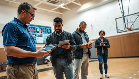 A dynamic sports coaching scene showcasing a diverse group of coaches analyzing game statistics on digital devices. In the foreground, there are two coaches, one in a blue polo and khaki pants, the other in a black jacket and grey slacks, deeply focused on their tablets displaying graphs and icons. The middle layers feature a large digital screen on a wall with vibrant sports visuals, including charts and player statistics. The background has a well-lit gym environment with basketball hoops and a whiteboard filled with strategic play diagrams. The atmosphere is energized and collaborative, with soft overhead lighting highlighting the activity. Capture the scene from a slightly elevated angle, emphasizing the teamwork and intensity in the coaches’ expressions. A dynamic sports coaching scene showcasing a diverse group of coaches analyzing game statistics on digital devices. In the foreground, there are two coaches, one in a blue polo and khaki pants, the other in a black jacket and grey slacks, deeply focused on their tablets displaying graphs and icons. The middle layers feature a large digital screen on a wall with vibrant sports visuals, including charts and player statistics. The background has a well-lit gym environment with basketball hoops and a whiteboard filled with strategic play diagrams. The atmosphere is energized and collaborative, with soft overhead lighting highlighting the activity. Capture the scene from a slightly elevated angle, emphasizing the teamwork and intensity in the coaches’ expressions.