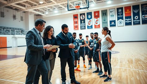 A dynamic sports meeting scene featuring diverse stakeholders engaging in feedback, set on a gleaming basketball court. In the foreground, four professionals in business attire—two men and two women of varying ethnicities—are animatedly discussing while reviewing a presentation on a digital tablet. The middle ground showcases a group of athletes, dressed in their team's practice gear, listening intently to the stakeholders. In the background, banners representing different sports organizations line the walls, illuminated by soft overhead lighting. The atmosphere conveys collaboration and enthusiasm, with a lens angle that captures both the intensity of the discussion and the inviting openness of the sports environment, highlighting teamwork and future development. A dynamic sports meeting scene featuring diverse stakeholders engaging in feedback, set on a gleaming basketball court. In the foreground, four professionals in business attire—two men and two women of varying ethnicities—are animatedly discussing while reviewing a presentation on a digital tablet. The middle ground showcases a group of athletes, dressed in their team's practice gear, listening intently to the stakeholders. In the background, banners representing different sports organizations line the walls, illuminated by soft overhead lighting. The atmosphere conveys collaboration and enthusiasm, with a lens angle that captures both the intensity of the discussion and the inviting openness of the sports environment, highlighting teamwork and future development.