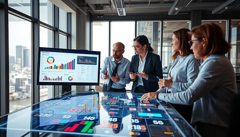 A dynamic workspace scene showcasing the visual analytics selection process in a modern office setting. In the foreground, a diverse group of three professionals in business attire actively discussing data visualizations on a digital screen displaying colorful graphs and charts. In the middle, a large touchscreen table with interactive data points and vivid icons, representing various sports statistics, captures their attention. In the background, large windows let in natural light, creating an inviting atmosphere, with cityscape views hinting at an urban environment. The composition emphasizes collaboration and focus, conveying a sense of innovation and engagement in data-driven decision-making. The lighting is bright yet soft, enhancing the vibrant colors of the visualizations without overwhelming the scene. A dynamic workspace scene showcasing the visual analytics selection process in a modern office setting. In the foreground, a diverse group of three professionals in business attire actively discussing data visualizations on a digital screen displaying colorful graphs and charts. In the middle, a large touchscreen table with interactive data points and vivid icons, representing various sports statistics, captures their attention. In the background, large windows let in natural light, creating an inviting atmosphere, with cityscape views hinting at an urban environment. The composition emphasizes collaboration and focus, conveying a sense of innovation and engagement in data-driven decision-making. The lighting is bright yet soft, enhancing the vibrant colors of the visualizations without overwhelming the scene.