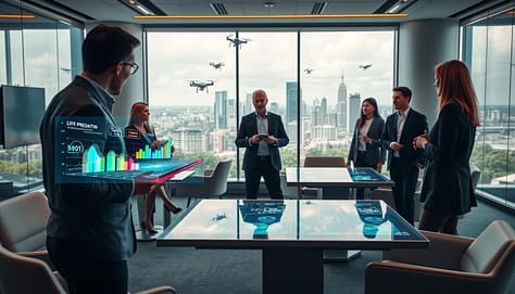 A futuristic conference room showcasing advanced live presentation tools. In the foreground, a sleek, interactive holographic display projects vibrant data visualizations and real-time analytics, with a diverse group of professionals in smart casual clothing engaged in discussion. The middle ground features modern tables equipped with integrated touchscreen technology, surrounded by comfortable seating designed for collaboration. In the background, large panoramic windows reveal a city skyline with flying drones and green spaces, symbolizing innovation. The room is bathed in soft, ambient lighting, creating a warm yet tech-savvy atmosphere. The camera angle is slightly elevated, capturing the interaction between people and technology, evoking a sense of excitement for the future of presentations in a dynamic environment. A futuristic conference room showcasing advanced live presentation tools. In the foreground, a sleek, interactive holographic display projects vibrant data visualizations and real-time analytics, with a diverse group of professionals in smart casual clothing engaged in discussion. The middle ground features modern tables equipped with integrated touchscreen technology, surrounded by comfortable seating designed for collaboration. In the background, large panoramic windows reveal a city skyline with flying drones and green spaces, symbolizing innovation. The room is bathed in soft, ambient lighting, creating a warm yet tech-savvy atmosphere. The camera angle is slightly elevated, capturing the interaction between people and technology, evoking a sense of excitement for the future of presentations in a dynamic environment.