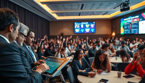 A modern, vibrant conference room filled with a diverse audience engaged in interactive polling and live Q&A. In the foreground, a group of three professionals in business attire operates a sleek touchscreen device displaying live polling results. In the middle, participants of various ethnicities and ages sit at round tables, some raising their hands eagerly to ask questions, while others focus intently on their devices. Soft, ambient lighting highlights their expressions of curiosity and engagement. In the background, a large digital screen displays dynamic graphics of polling data with colorful visuals enhancing the atmosphere of interactivity. The scene is well-composed from a slightly elevated angle, capturing the energy and excitement of modern technology in sports presentations. A modern, vibrant conference room filled with a diverse audience engaged in interactive polling and live Q&A. In the foreground, a group of three professionals in business attire operates a sleek touchscreen device displaying live polling results. In the middle, participants of various ethnicities and ages sit at round tables, some raising their hands eagerly to ask questions, while others focus intently on their devices. Soft, ambient lighting highlights their expressions of curiosity and engagement. In the background, a large digital screen displays dynamic graphics of polling data with colorful visuals enhancing the atmosphere of interactivity. The scene is well-composed from a slightly elevated angle, capturing the energy and excitement of modern technology in sports presentations.