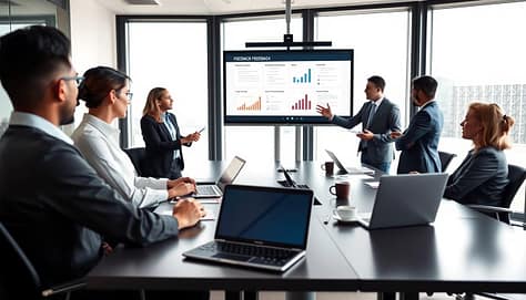 A professional team meeting in a modern office setting, featuring a diverse group of five employees engaged in an interactive feedback session. In the foreground, a confident facilitator gestures towards a large digital presentation screen displaying graphs and bullet points, while participants, dressed in business attire, take notes and discuss ideas. In the middle ground, a sleek conference table is scattered with laptops, notebooks, and coffee cups, emphasizing a collaborative atmosphere. The background includes large windows with natural light streaming in, creating a bright and open environment. The overall mood is focused and dynamic, illustrating an effective team feedback scenario. The image is shot with a wide-angle lens to capture the entire scene, enhancing the sense of engagement and interaction. A professional team meeting in a modern office setting, featuring a diverse group of five employees engaged in an interactive feedback session. In the foreground, a confident facilitator gestures towards a large digital presentation screen displaying graphs and bullet points, while participants, dressed in business attire, take notes and discuss ideas. In the middle ground, a sleek conference table is scattered with laptops, notebooks, and coffee cups, emphasizing a collaborative atmosphere. The background includes large windows with natural light streaming in, creating a bright and open environment. The overall mood is focused and dynamic, illustrating an effective team feedback scenario. The image is shot with a wide-angle lens to capture the entire scene, enhancing the sense of engagement and interaction.