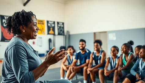 A sports coach, dressed in modest casual attire, animatedly storytelling to a group of attentive athletes. The foreground features the coach, a middle-aged Black woman, using hand gestures to emphasize her narrative, her expression lively and engaging. The middle ground shows a diverse group of young athletes, seated in a semi-circle, focused and inspired, with varied expressions of curiosity and enthusiasm. The background consists of a well-lit indoor training facility, with motivational posters and sports equipment subtly displayed. Soft natural lighting highlights the connection between the coach and her athletes, creating an intimate and uplifting atmosphere, evoking a sense of camaraderie and growth in the realm of sports. A sports coach, dressed in modest casual attire, animatedly storytelling to a group of attentive athletes. The foreground features the coach, a middle-aged Black woman, using hand gestures to emphasize her narrative, her expression lively and engaging. The middle ground shows a diverse group of young athletes, seated in a semi-circle, focused and inspired, with varied expressions of curiosity and enthusiasm. The background consists of a well-lit indoor training facility, with motivational posters and sports equipment subtly displayed. Soft natural lighting highlights the connection between the coach and her athletes, creating an intimate and uplifting atmosphere, evoking a sense of camaraderie and growth in the realm of sports.