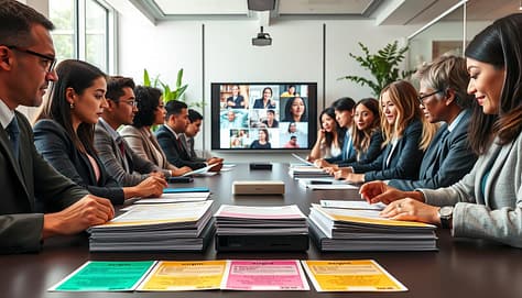 A diverse group of professionals engaged in an inclusive meeting setting, showcasing accessibility features in presentation handouts. In the foreground, a well-organized table with colorful, clearly labeled handouts displaying large captions and multilingual options. The middle area includes a projector screen displaying accessible visuals with high contrast imagery. In the background, a bright, modern meeting room filled with natural light, large windows, and greenery, evoking a welcoming atmosphere. Professionals of various backgrounds are wearing smart business attire, focusing intently on the materials. The scene captures a sense of collaboration and empowerment, emphasizing the importance of accessibility in communication. Soft, even lighting enhances the details without harsh shadows, creating an inviting environment. A diverse group of professionals engaged in an inclusive meeting setting, showcasing accessibility features in presentation handouts. In the foreground, a well-organized table with colorful, clearly labeled handouts displaying large captions and multilingual options. The middle area includes a projector screen displaying accessible visuals with high contrast imagery. In the background, a bright, modern meeting room filled with natural light, large windows, and greenery, evoking a welcoming atmosphere. Professionals of various backgrounds are wearing smart business attire, focusing intently on the materials. The scene captures a sense of collaboration and empowerment, emphasizing the importance of accessibility in communication. Soft, even lighting enhances the details without harsh shadows, creating an inviting environment.