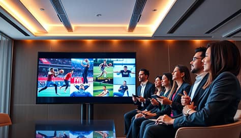 A dynamic multimedia presentation scene set in a modern conference room. In the foreground, a large screen displays a vibrant video montage featuring sports highlights, engaging tutorials, and motivational clips, showcasing athletes in action. In the middle, a diverse group of professional-looking individuals in business attire are attentively watching while taking notes; their expressions reflect enthusiasm and engagement. The background features sleek, contemporary decor with soft overhead lighting that casts a warm glow, enhancing the inviting atmosphere. The angle captures both the audience's reactions and the impressive visuals on the screen, conveying a sense of inspiration and collaboration in sports presentations. The overall mood is energetic and focused, urging the viewer to embrace multimedia in enhancing athletic performance. A dynamic multimedia presentation scene set in a modern conference room. In the foreground, a large screen displays a vibrant video montage featuring sports highlights, engaging tutorials, and motivational clips, showcasing athletes in action. In the middle, a diverse group of professional-looking individuals in business attire are attentively watching while taking notes; their expressions reflect enthusiasm and engagement. The background features sleek, contemporary decor with soft overhead lighting that casts a warm glow, enhancing the inviting atmosphere. The angle captures both the audience's reactions and the impressive visuals on the screen, conveying a sense of inspiration and collaboration in sports presentations. The overall mood is energetic and focused, urging the viewer to embrace multimedia in enhancing athletic performance.