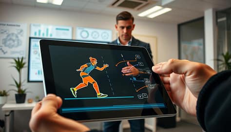 A dynamic scene depicting a digital telestration in action. In the foreground, a sleek tablet screen shows layered annotations illustrating the movement of a sports player in slow motion, highlighted by vibrant colors that contrast with the dark screen. In the middle ground, a professional coach stands intently analyzing the screen, wearing smart casual attire, surrounded by detailed charts and diagrams on a large monitor behind them. The background features a well-lit office space, subtly decorated and conveying a productive atmosphere. The lighting is bright yet soft, creating a focused ambiance. The perspective is slightly angled, enhancing the sense of engagement and interaction with the digital tools at hand while maintaining a clean and professional look without any text or distractions. A dynamic scene depicting a digital telestration in action. In the foreground, a sleek tablet screen shows layered annotations illustrating the movement of a sports player in slow motion, highlighted by vibrant colors that contrast with the dark screen. In the middle ground, a professional coach stands intently analyzing the screen, wearing smart casual attire, surrounded by detailed charts and diagrams on a large monitor behind them. The background features a well-lit office space, subtly decorated and conveying a productive atmosphere. The lighting is bright yet soft, creating a focused ambiance. The perspective is slightly angled, enhancing the sense of engagement and interaction with the digital tools at hand while maintaining a clean and professional look without any text or distractions.