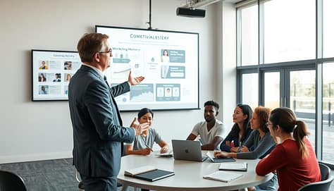 A dynamic sports coaching presentation scene, focusing on cognitive science principles, prominently featuring an engaged coach in professional business attire presenting to a diverse group of attentive trainees. In the foreground, the coach gestures toward a projection screen displaying visually appealing dual-coding materials—images and infographics illustrating working memory, dual-coding theory, and the spacing effect. In the middle ground, trainees of different ethnicities sit at a round table with notebooks and laptops, taking notes. The background showcases an inspiring and modern training facility with large windows allowing natural light to pour in, creating a bright and focused atmosphere. Use a slight high-angle perspective to capture the interaction and engagement, evoking a mood of motivation and learning. A dynamic sports coaching presentation scene, focusing on cognitive science principles, prominently featuring an engaged coach in professional business attire presenting to a diverse group of attentive trainees. In the foreground, the coach gestures toward a projection screen displaying visually appealing dual-coding materials—images and infographics illustrating working memory, dual-coding theory, and the spacing effect. In the middle ground, trainees of different ethnicities sit at a round table with notebooks and laptops, taking notes. The background showcases an inspiring and modern training facility with large windows allowing natural light to pour in, creating a bright and focused atmosphere. Use a slight high-angle perspective to capture the interaction and engagement, evoking a mood of motivation and learning.