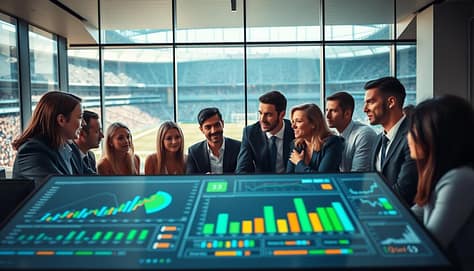 A dynamic sports data visualization scene in a modern conference room. In the foreground, a large screen displays vibrant graphs and charts illustrating team performance metrics, with colors like blue, green, and orange to represent different data sets. In the middle, a professional team of diverse individuals in business attire are actively engaged, analyzing the data with expressions of focus and discussion. In the background, large windows reveal a view of a stadium filled with fans, enhancing the energizing atmosphere. Soft, natural light streams in, creating a bright and motivating environment. The composition is captured with a slight tilt, emphasizing the lively interaction and importance of data-driven decision-making in sports. A dynamic sports data visualization scene in a modern conference room. In the foreground, a large screen displays vibrant graphs and charts illustrating team performance metrics, with colors like blue, green, and orange to represent different data sets. In the middle, a professional team of diverse individuals in business attire are actively engaged, analyzing the data with expressions of focus and discussion. In the background, large windows reveal a view of a stadium filled with fans, enhancing the energizing atmosphere. Soft, natural light streams in, creating a bright and motivating environment. The composition is captured with a slight tilt, emphasizing the lively interaction and importance of data-driven decision-making in sports.