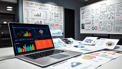A high-resolution image of a modern sports analytics slide template design spread across a workspace. In the foreground, a sleek laptop displays colorful, engaging graphs and performance metrics, with various analytical charts showcasing team statistics. The middle layer features neatly arranged printed slides in different sizes, showcasing vibrant graphics and well-organized data layouts, emphasizing clarity and professionalism. The background shows a large whiteboard filled with handwritten notes and diagrams regarding team performance, adding a dynamic touch. The lighting is bright and focused, enhancing the clarity of the visuals, while a subtle depth of field draws attention to the details of the templates. The atmosphere is innovative and professional, perfect for a modern sports analysis setting. A high-resolution image of a modern sports analytics slide template design spread across a workspace. In the foreground, a sleek laptop displays colorful, engaging graphs and performance metrics, with various analytical charts showcasing team statistics. The middle layer features neatly arranged printed slides in different sizes, showcasing vibrant graphics and well-organized data layouts, emphasizing clarity and professionalism. The background shows a large whiteboard filled with handwritten notes and diagrams regarding team performance, adding a dynamic touch. The lighting is bright and focused, enhancing the clarity of the visuals, while a subtle depth of field draws attention to the details of the templates. The atmosphere is innovative and professional, perfect for a modern sports analysis setting.