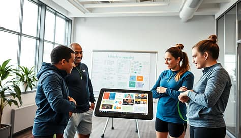 A modern office setting showcasing a dynamic coach meeting in a sports context. In the foreground, a diverse group of three professional coaches, dressed in athletic wear, engaged in an interactive discussion over a digital tablet displaying multimedia presentations. In the middle ground, a whiteboard filled with colorful diagrams and notes about athlete engagement strategies. The background features large windows letting in natural light, illuminating the space with a bright, motivational atmosphere. The use of a wide-angle lens captures an inviting and collaborative mood, making the scene feel lively and professional. The overall color palette includes energetic blues and greens, reflecting the vibrancy of the sports world. A modern office setting showcasing a dynamic coach meeting in a sports context. In the foreground, a diverse group of three professional coaches, dressed in athletic wear, engaged in an interactive discussion over a digital tablet displaying multimedia presentations. In the middle ground, a whiteboard filled with colorful diagrams and notes about athlete engagement strategies. The background features large windows letting in natural light, illuminating the space with a bright, motivational atmosphere. The use of a wide-angle lens captures an inviting and collaborative mood, making the scene feel lively and professional. The overall color palette includes energetic blues and greens, reflecting the vibrancy of the sports world.