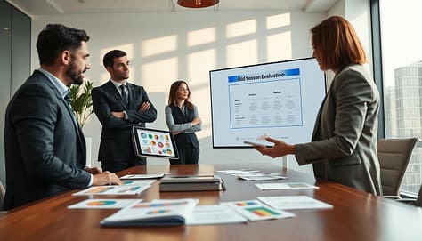 A professional business meeting scene centered around mid-season evaluation using progress analysis templates. In the foreground, a diverse group of three focused professionals, two men and one woman, dressed in smart business attire, engage in a discussion with a digital tablet showing colorful graphs and charts. The middle ground features an elegant conference table scattered with printed slides and documents, with a clear view of a large presentation screen displaying a well-organized template titled "Mid-Season Evaluation." The background is a modern office setting, with large windows letting in soft, natural light, casting gentle shadows. The atmosphere is collaborative and dynamic, embodying a sense of focus and teamwork, with warm lighting creating a welcoming environment. The angle should be slightly elevated to capture both the subjects and the presentation clearly, emphasizing the importance of analysis in team performance. A professional business meeting scene centered around mid-season evaluation using progress analysis templates. In the foreground, a diverse group of three focused professionals, two men and one woman, dressed in smart business attire, engage in a discussion with a digital tablet showing colorful graphs and charts. The middle ground features an elegant conference table scattered with printed slides and documents, with a clear view of a large presentation screen displaying a well-organized template titled "Mid-Season Evaluation." The background is a modern office setting, with large windows letting in soft, natural light, casting gentle shadows. The atmosphere is collaborative and dynamic, embodying a sense of focus and teamwork, with warm lighting creating a welcoming environment. The angle should be slightly elevated to capture both the subjects and the presentation clearly, emphasizing the importance of analysis in team performance.