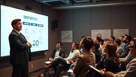 A professional sports presentation setting, focusing on the theme of SMART objectives. In the foreground, a confident presenter in formal business attire stands confidently next to a digital presentation screen displaying visuals of the SMART objectives framework. The middle layer features a diverse audience of engaged individuals, both men and women, in semi-formal attire, attentively listening and taking notes. The background includes subtle visual elements like charts and graphs on the wall, promoting an atmosphere of collaboration and goal-setting. Soft, focused lighting highlights the presenter, creating an inspiring and motivational mood. The scene is captured from a slightly elevated angle, emphasizing the dynamic exchange of ideas. The overall tone is professional and optimistic, suitable for a sports presentation setting. A professional sports presentation setting, focusing on the theme of SMART objectives. In the foreground, a confident presenter in formal business attire stands confidently next to a digital presentation screen displaying visuals of the SMART objectives framework. The middle layer features a diverse audience of engaged individuals, both men and women, in semi-formal attire, attentively listening and taking notes. The background includes subtle visual elements like charts and graphs on the wall, promoting an atmosphere of collaboration and goal-setting. Soft, focused lighting highlights the presenter, creating an inspiring and motivational mood. The scene is captured from a slightly elevated angle, emphasizing the dynamic exchange of ideas. The overall tone is professional and optimistic, suitable for a sports presentation setting.