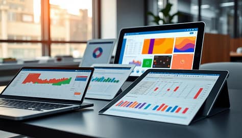 A sleek, modern workspace showcasing various data visualization tools specifically designed for coaches. In the foreground, an open laptop displays a colorful, interactive dashboard made with Tableau featuring sports analytics and player stats. Beside it, a printed Excel template with vivid charts and graphs for tracking player performance. In the middle, an elegant tablet shows a Hudl data export with intuitive visualizations. The background features a blurred office setting with soft natural light filtering through a window, enhancing a professional atmosphere. The overall mood is one of focus and insight, ideal for empowering coaches to make data-driven decisions. The image should be captured with a slight tilt angle to emphasize the tools and their potential impact on coaching strategies. A sleek, modern workspace showcasing various data visualization tools specifically designed for coaches. In the foreground, an open laptop displays a colorful, interactive dashboard made with Tableau featuring sports analytics and player stats. Beside it, a printed Excel template with vivid charts and graphs for tracking player performance. In the middle, an elegant tablet shows a Hudl data export with intuitive visualizations. The background features a blurred office setting with soft natural light filtering through a window, enhancing a professional atmosphere. The overall mood is one of focus and insight, ideal for empowering coaches to make data-driven decisions. The image should be captured with a slight tilt angle to emphasize the tools and their potential impact on coaching strategies.