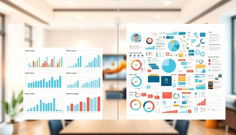 A split-screen image illustrating the differences between clean and cluttered presentation charts. On the left, a clean chart design showcases clear, concise data visualizations, with ample white space, using a light color palette to enhance readability. It includes well-structured graphs and icons representing sports data, such as player statistics and game analytics, all harmoniously arranged. On the right, a cluttered chart displays overwhelming information with busy backgrounds, chaotic graphics, and inconsistent color schemes, making it difficult to interpret. The background features a softly blurred modern office environment with warm lighting to create a professional yet inviting atmosphere. Use a slight overhead angle to capture both sections evenly, emphasizing the contrast between effective and ineffective data presentation styles. A split-screen image illustrating the differences between clean and cluttered presentation charts. On the left, a clean chart design showcases clear, concise data visualizations, with ample white space, using a light color palette to enhance readability. It includes well-structured graphs and icons representing sports data, such as player statistics and game analytics, all harmoniously arranged. On the right, a cluttered chart displays overwhelming information with busy backgrounds, chaotic graphics, and inconsistent color schemes, making it difficult to interpret. The background features a softly blurred modern office environment with warm lighting to create a professional yet inviting atmosphere. Use a slight overhead angle to capture both sections evenly, emphasizing the contrast between effective and ineffective data presentation styles.