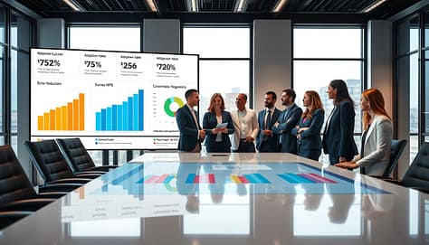 A visually engaging representation of ROI metrics for sports presentations, featuring a modern conference room scene. In the foreground, a large digital screen displays colorful graphs and charts related to retention quizzes, adoption rates, error reduction, attendance, and survey NPS. In the middle, a diverse group of professional individuals in business attire are gathered around a sleek conference table, discussing the metrics with expressions of insight and collaboration. The background showcases a stylish interior with large windows letting in natural light, emphasizing an inspirational atmosphere. The lighting is bright and focused on the screen while the table has a subtle reflection of the charts. The angle is slightly elevated, providing a comprehensive view of the dynamic interaction among the participants and the digital display. A visually engaging representation of ROI metrics for sports presentations, featuring a modern conference room scene. In the foreground, a large digital screen displays colorful graphs and charts related to retention quizzes, adoption rates, error reduction, attendance, and survey NPS. In the middle, a diverse group of professional individuals in business attire are gathered around a sleek conference table, discussing the metrics with expressions of insight and collaboration. The background showcases a stylish interior with large windows letting in natural light, emphasizing an inspirational atmosphere. The lighting is bright and focused on the screen while the table has a subtle reflection of the charts. The angle is slightly elevated, providing a comprehensive view of the dynamic interaction among the participants and the digital display.