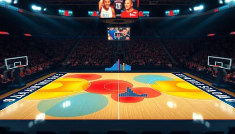 A visually striking and informative shot chart heat map visualization serves as the centerpiece of the image, showcasing a basketball court layout with colorful, overlapping zones indicating player shot locations and frequencies. The foreground features heat maps in vibrant reds and blues, highlighting areas of high and low shooting efficiency. In the middle ground, blended bar and line graphs illustrate comparative shooting statistics, seamlessly integrated into the court design. The background displays a soft-focus arena ambiance, with blurred crowds, enhancing the perception of an active game environment. Dramatic lighting casts shadows across the court, emphasizing the importance of data visualization in coaching strategies. The overall mood is insightful and professional, designed to inspire coaches and analysts in interpreting performance metrics effectively. A visually striking and informative shot chart heat map visualization serves as the centerpiece of the image, showcasing a basketball court layout with colorful, overlapping zones indicating player shot locations and frequencies. The foreground features heat maps in vibrant reds and blues, highlighting areas of high and low shooting efficiency. In the middle ground, blended bar and line graphs illustrate comparative shooting statistics, seamlessly integrated into the court design. The background displays a soft-focus arena ambiance, with blurred crowds, enhancing the perception of an active game environment. Dramatic lighting casts shadows across the court, emphasizing the importance of data visualization in coaching strategies. The overall mood is insightful and professional, designed to inspire coaches and analysts in interpreting performance metrics effectively.