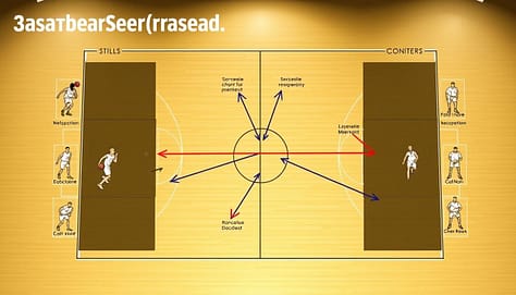 A detailed diagram of a basketball set-piece card, showcasing a four-step progression: stills, arrows, assignments, and counters. The foreground features clear, labeled diagrams illustrating players in action poses, arranged methodically to depict the sequence of movements. In the middle layer, arrows connect various player positions, highlighting their intended paths and tactical roles, with distinct color coding for easy interpretation. The background includes a basketball court outline for context, with a subtle gradient to avoid distraction from the main elements. The lighting is bright and focused, enhancing the clarity of the diagrams. The overall mood is analytical and professional, conveying a sense of strategy and preparation, ideal for a scouting report visual. A detailed diagram of a basketball set-piece card, showcasing a four-step progression: stills, arrows, assignments, and counters. The foreground features clear, labeled diagrams illustrating players in action poses, arranged methodically to depict the sequence of movements. In the middle layer, arrows connect various player positions, highlighting their intended paths and tactical roles, with distinct color coding for easy interpretation. The background includes a basketball court outline for context, with a subtle gradient to avoid distraction from the main elements. The lighting is bright and focused, enhancing the clarity of the diagrams. The overall mood is analytical and professional, conveying a sense of strategy and preparation, ideal for a scouting report visual.