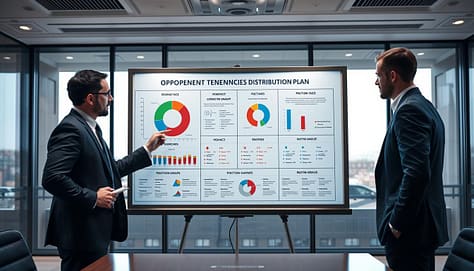 A detailed visual representation of an "opponent tendencies distribution plan" displayed on a sleek presentation board. In the foreground, include three professional individuals in business attire, analyzing the board; one is pointing at a colorful pie chart, another taking notes, and the third observing thoughtfully. The middle layer features the board itself, adorned with graphs, statistics, and strategic notes about opposing team tendencies, with labeled sections for different position groups. The background showcases a modern conference room with large windows letting in natural light, highlighting a subtle, focused atmosphere. The mood should be serious and strategic, emphasizing teamwork and preparation. Use a wide-angle lens to capture the entire scene with sharp detail and professional lighting to enhance clarity. A detailed visual representation of an "opponent tendencies distribution plan" displayed on a sleek presentation board. In the foreground, include three professional individuals in business attire, analyzing the board; one is pointing at a colorful pie chart, another taking notes, and the third observing thoughtfully. The middle layer features the board itself, adorned with graphs, statistics, and strategic notes about opposing team tendencies, with labeled sections for different position groups. The background showcases a modern conference room with large windows letting in natural light, highlighting a subtle, focused atmosphere. The mood should be serious and strategic, emphasizing teamwork and preparation. Use a wide-angle lens to capture the entire scene with sharp detail and professional lighting to enhance clarity.