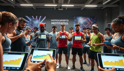 A dynamic, engaging scene illustrating the concept of micro-assessments in sports analytics. In the foreground, diverse athletes, dressed in professional athletic gear, are interacting with digital devices displaying colorful, simplified stats visualizations. Some athletes are giving thumbs-up or thumbs-down gestures, while others are engaged in a fast-paced 60-second quiz. In the middle ground, a well-designed sports training facility with bright LED lighting casts a motivational glow, enhancing the atmosphere of urgency and focus. The background features motivational banners with abstract representations of data analytics, emphasizing sports performance. The overall mood is energetic and collaborative, suggesting an environment where quick feedback translates into improvement, showcasing athletes understanding their stats in real-time. Use a wide-angle lens for depth and clarity. A dynamic, engaging scene illustrating the concept of micro-assessments in sports analytics. In the foreground, diverse athletes, dressed in professional athletic gear, are interacting with digital devices displaying colorful, simplified stats visualizations. Some athletes are giving thumbs-up or thumbs-down gestures, while others are engaged in a fast-paced 60-second quiz. In the middle ground, a well-designed sports training facility with bright LED lighting casts a motivational glow, enhancing the atmosphere of urgency and focus. The background features motivational banners with abstract representations of data analytics, emphasizing sports performance. The overall mood is energetic and collaborative, suggesting an environment where quick feedback translates into improvement, showcasing athletes understanding their stats in real-time. Use a wide-angle lens for depth and clarity.