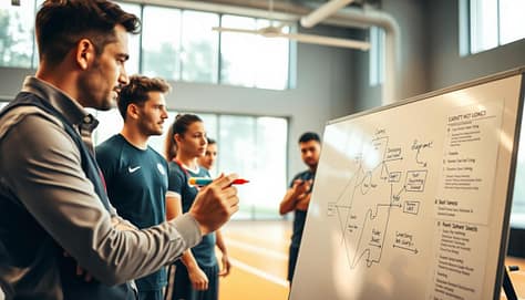 A dynamic scene showcasing a live diagramming flow on a whiteboard in a training environment. In the foreground, a professional coach in smart casual attire, focused and engaged, is slowly sketching diagrams with colorful markers. The middle ground features athletes attentively watching and interacting with the coach, some nodding in understanding, while others point at specific cues on the whiteboard. The background shows a bright, modern training facility with large windows letting in natural light, enhancing the collaborative atmosphere. The scene conveys focus, engagement, and energy, with a slight depth of field effect to emphasize the coach and athletes. The lighting is warm and inviting, creating a motivating environment for learning and teamwork. A dynamic scene showcasing a live diagramming flow on a whiteboard in a training environment. In the foreground, a professional coach in smart casual attire, focused and engaged, is slowly sketching diagrams with colorful markers. The middle ground features athletes attentively watching and interacting with the coach, some nodding in understanding, while others point at specific cues on the whiteboard. The background shows a bright, modern training facility with large windows letting in natural light, enhancing the collaborative atmosphere. The scene conveys focus, engagement, and energy, with a slight depth of field effect to emphasize the coach and athletes. The lighting is warm and inviting, creating a motivating environment for learning and teamwork.