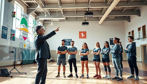 A dynamic sports coaching environment showcasing visual coaching techniques. In the foreground, a coach in professional business attire stands, pointing at a large, translucent board filled with simple, vibrant visuals: arrows indicating movement patterns, colored zones representing different areas of focus, and stoplight symbols denoting decision-making statuses. In the middle, a diverse group of athletes attentively observes, wearing modest casual clothing, with expressions of concentration and curiosity. The background features a well-lit gymnasium with high ceilings, equipped with training equipment and motivational posters. Soft natural lighting creates an inviting atmosphere, emphasizing clarity and simplicity in communication. The composition conveys a sense of teamwork and engagement in understanding complex analytics through visual aids. A dynamic sports coaching environment showcasing visual coaching techniques. In the foreground, a coach in professional business attire stands, pointing at a large, translucent board filled with simple, vibrant visuals: arrows indicating movement patterns, colored zones representing different areas of focus, and stoplight symbols denoting decision-making statuses. In the middle, a diverse group of athletes attentively observes, wearing modest casual clothing, with expressions of concentration and curiosity. The background features a well-lit gymnasium with high ceilings, equipped with training equipment and motivational posters. Soft natural lighting creates an inviting atmosphere, emphasizing clarity and simplicity in communication. The composition conveys a sense of teamwork and engagement in understanding complex analytics through visual aids.
