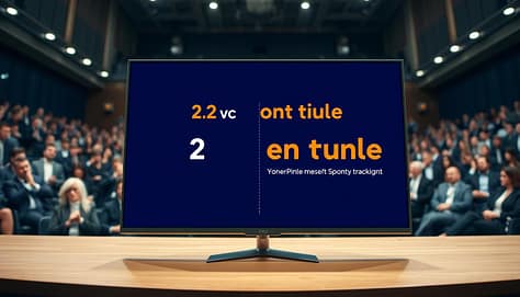 A dynamic sports presentation setting showcasing a vivid contrast in typography. In the foreground, a sleek PowerPoint slide displays two distinct fonts demonstrating the 2-font rule, with one bold and modern typeface and another minimalist and elegant. The font sizes are appropriately large and readable, emphasizing clarity. In the middle ground, an illustrative example of contrasting colors highlights effective color choices that enhance readability, such as a bright orange title on a navy blue background. The background features a blurred auditorium filled with engaged audience members dressed in professional business attire, capturing the atmosphere of a lively sports presentation. The lighting is bright and focused on the slide, enhancing the colors and text. Overall, the image conveys a sense of professionalism and energy, perfect for a sports management context. A dynamic sports presentation setting showcasing a vivid contrast in typography. In the foreground, a sleek PowerPoint slide displays two distinct fonts demonstrating the 2-font rule, with one bold and modern typeface and another minimalist and elegant. The font sizes are appropriately large and readable, emphasizing clarity. In the middle ground, an illustrative example of contrasting colors highlights effective color choices that enhance readability, such as a bright orange title on a navy blue background. The background features a blurred auditorium filled with engaged audience members dressed in professional business attire, capturing the atmosphere of a lively sports presentation. The lighting is bright and focused on the slide, enhancing the colors and text. Overall, the image conveys a sense of professionalism and energy, perfect for a sports management context.