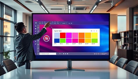 A modern, professional PowerPoint master slide setup on a large digital screen in a contemporary office environment. In the foreground, a person in professional attire is adjusting the slide design, showing vibrant colors representing a sports team’s branding. The middle layer features various design elements, including the team's logo, color palette swatches, and placeholders for text and images, all neatly organized. In the background, a sleek conference table and modern office decor set a dynamic, collaborative atmosphere with warm, natural lighting filtering through large windows. The overall mood is focused and energetic, conveying the importance of effective branding in presentations. No text or logos are visible outside the master slide. A modern, professional PowerPoint master slide setup on a large digital screen in a contemporary office environment. In the foreground, a person in professional attire is adjusting the slide design, showing vibrant colors representing a sports team’s branding. The middle layer features various design elements, including the team's logo, color palette swatches, and placeholders for text and images, all neatly organized. In the background, a sleek conference table and modern office decor set a dynamic, collaborative atmosphere with warm, natural lighting filtering through large windows. The overall mood is focused and energetic, conveying the importance of effective branding in presentations. No text or logos are visible outside the master slide.