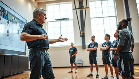A professional sports coach stands in a well-lit gym, passionately analyzing a freeze-frame of a key play on a large screen. In the foreground, the coach, dressed in a smart polo shirt and tailored athletic pants, gestures towards a digital whiteboard filled with strategic diagrams and player positions. The middle ground features attentive athletes, dressed in polished practice gear, actively engaging with the play being discussed. In the background, large windows let in natural light, adding an energetic vibe to the scene. The camera angle captures the coach’s focused expression, emphasizing the collaboration and enthusiasm of the training session. The atmosphere is dynamic and focused, showcasing a blend of technology and traditional teaching methods in sports coaching. A professional sports coach stands in a well-lit gym, passionately analyzing a freeze-frame of a key play on a large screen. In the foreground, the coach, dressed in a smart polo shirt and tailored athletic pants, gestures towards a digital whiteboard filled with strategic diagrams and player positions. The middle ground features attentive athletes, dressed in polished practice gear, actively engaging with the play being discussed. In the background, large windows let in natural light, adding an energetic vibe to the scene. The camera angle captures the coach’s focused expression, emphasizing the collaboration and enthusiasm of the training session. The atmosphere is dynamic and focused, showcasing a blend of technology and traditional teaching methods in sports coaching.