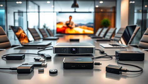 A professional wireless casting and adapter kit laid out on a sleek conference room table, surrounded by modern tech elements like laptops and projectors. In the foreground, detailed close-ups of various adapters, dongles, and a wireless receiver, highlighting their sleek designs and vibrant colors. In the middle ground, a high-quality projector casting a sharp image onto a large screen, while a stylish laptop displays a presentation seamlessly connecting via wireless technology. The background features glass walls and soft ambient lighting, creating a polished, corporate atmosphere. The image captures a sense of efficiency and innovation, ideal for enhancing team meetings. The scene is well-lit with natural light illuminating the workspace, evoking a mood of professionalism and collaboration. A professional wireless casting and adapter kit laid out on a sleek conference room table, surrounded by modern tech elements like laptops and projectors. In the foreground, detailed close-ups of various adapters, dongles, and a wireless receiver, highlighting their sleek designs and vibrant colors. In the middle ground, a high-quality projector casting a sharp image onto a large screen, while a stylish laptop displays a presentation seamlessly connecting via wireless technology. The background features glass walls and soft ambient lighting, creating a polished, corporate atmosphere. The image captures a sense of efficiency and innovation, ideal for enhancing team meetings. The scene is well-lit with natural light illuminating the workspace, evoking a mood of professionalism and collaboration.