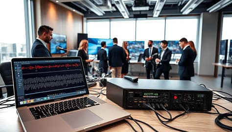 A professional workspace featuring a modern AV setup for latency and sync testing. In the foreground, an array of high-tech playback devices, including a laptop and a digital signal processor, prominently displaying waveforms and codec settings on their screens. The middle ground showcases a group of diverse individuals, dressed in smart business attire, engaged in meticulous testing, adjusting devices, and reviewing results. They are surrounded by an array of cables, microphones, and video screens displaying synchronized clips. In the background, a bright, tech-inspired office space with large windows allowing natural light to flood in, enhancing the atmosphere of focused collaboration. The image should evoke a sense of precision and reliability, emphasizing the importance of thorough testing in maintaining AV setup integrity. A professional workspace featuring a modern AV setup for latency and sync testing. In the foreground, an array of high-tech playback devices, including a laptop and a digital signal processor, prominently displaying waveforms and codec settings on their screens. The middle ground showcases a group of diverse individuals, dressed in smart business attire, engaged in meticulous testing, adjusting devices, and reviewing results. They are surrounded by an array of cables, microphones, and video screens displaying synchronized clips. In the background, a bright, tech-inspired office space with large windows allowing natural light to flood in, enhancing the atmosphere of focused collaboration. The image should evoke a sense of precision and reliability, emphasizing the importance of thorough testing in maintaining AV setup integrity.