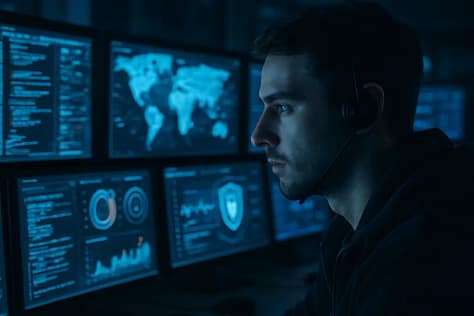 Analyst reviewing OpenAI Cybersecurity controls on a presentation screen