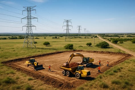 Texas AI power plant site with turbines near a data center campus in dry West Texas terrain
