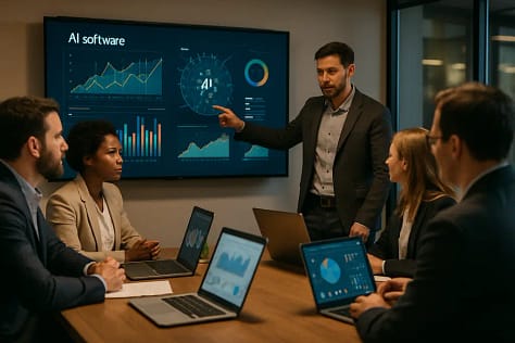 Stakeholder briefing room reviewing AI software exploits and PLC risk diagrams