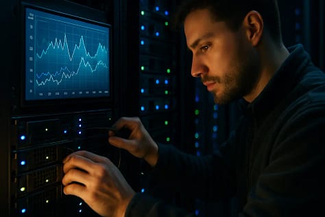Data center energy costs dashboard beside server racks and power equipment
