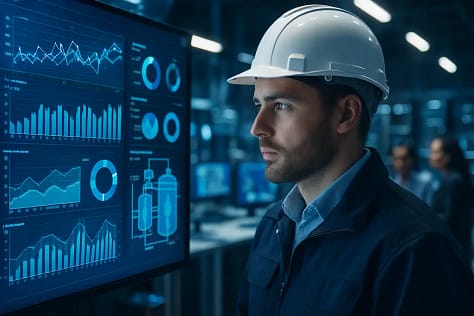 Nuclear Data Centers control room discussion with engineers reviewing power supply charts