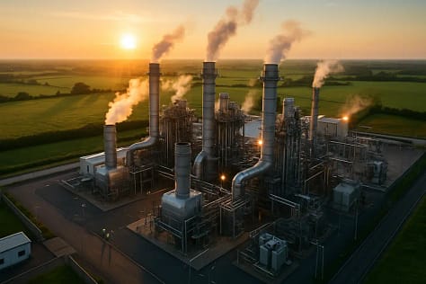 Pennsylvania Gas Power plant near transmission lines at dusk