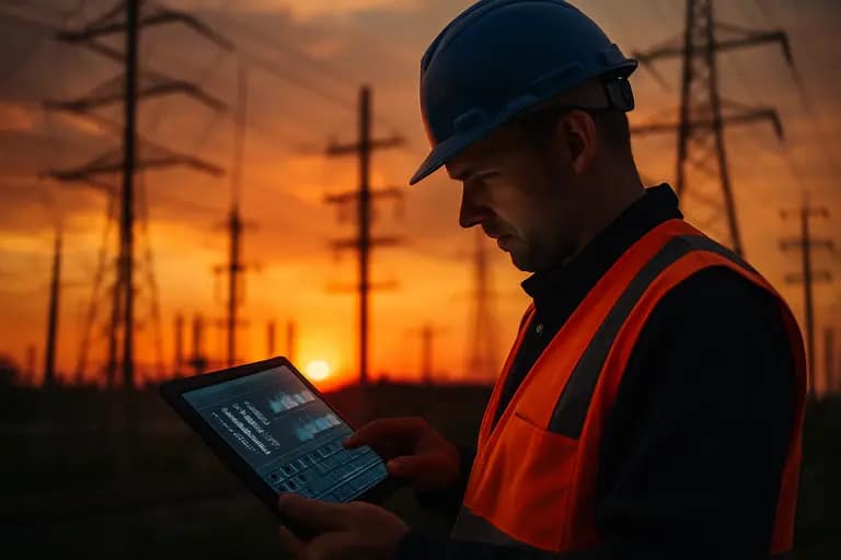 Transmission lines crossing dry land near utility equipment and water storage tanks