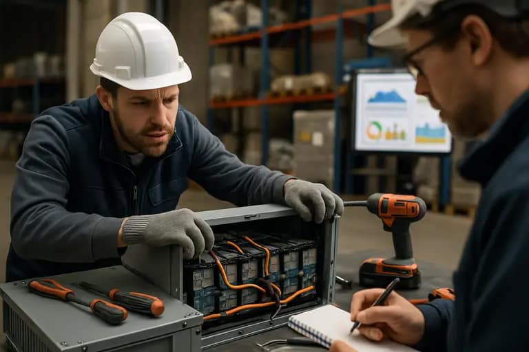 Battery site planning board with safety checklist and grid connection diagram