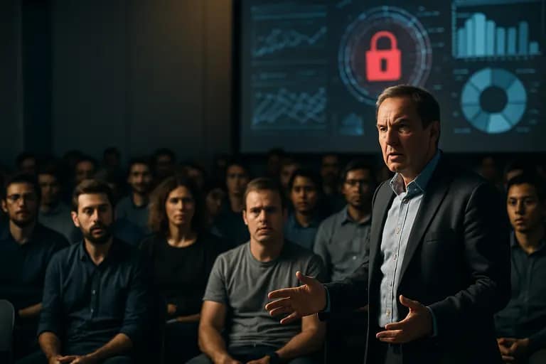 Manager presenting AI security risks with clear charts to a team