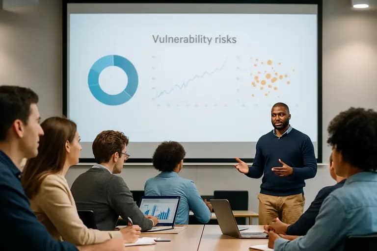 Presenter explaining prioritized security work to operations and engineering staff